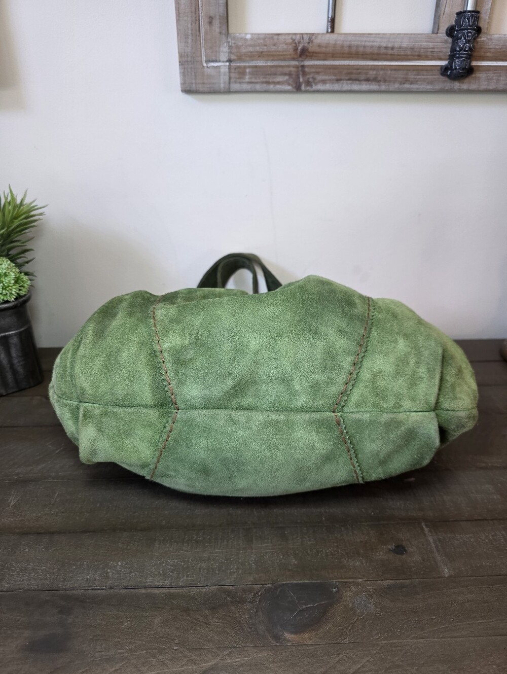 Vintage Lucky Brand Olive Green Suede Hobo Bag Floral Lining - Picture 9 of 14